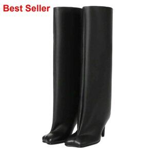 Knee High Boots Faux Suede Wide Calf Stiletto Heels Pull On Fashion